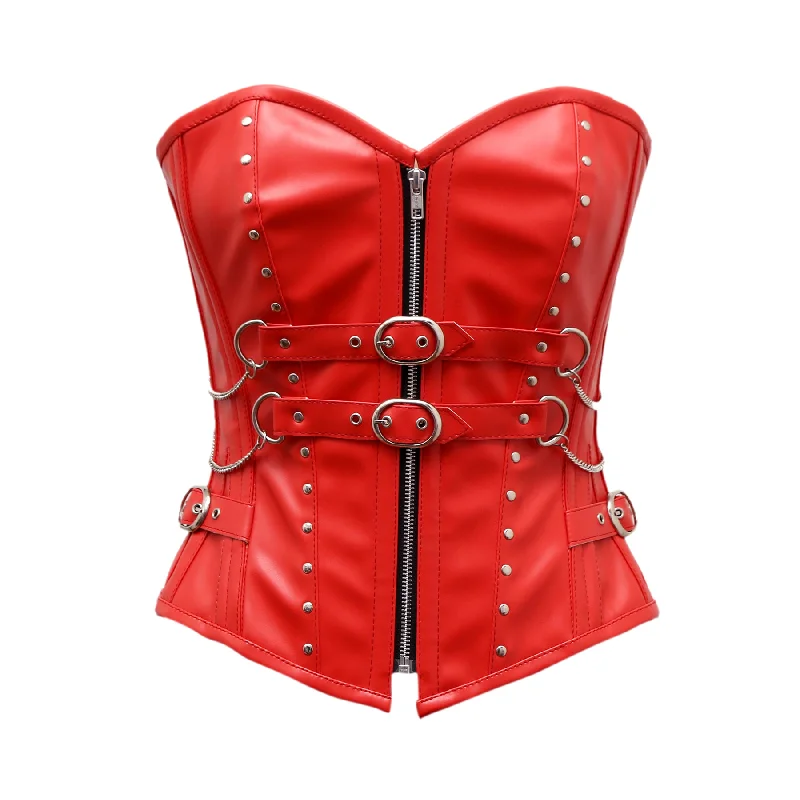 corset for vintage chains-Gabin Overbust Corset In Red Faux Leather