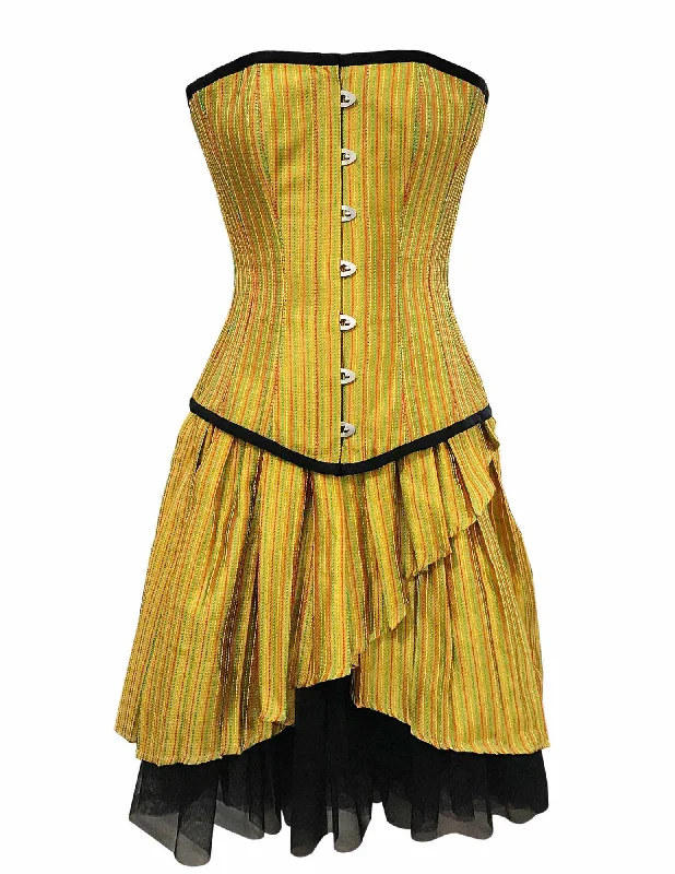 corset for evening ribbons-Russow Mustard Red Green Stripe Taffeta Overbust Corset