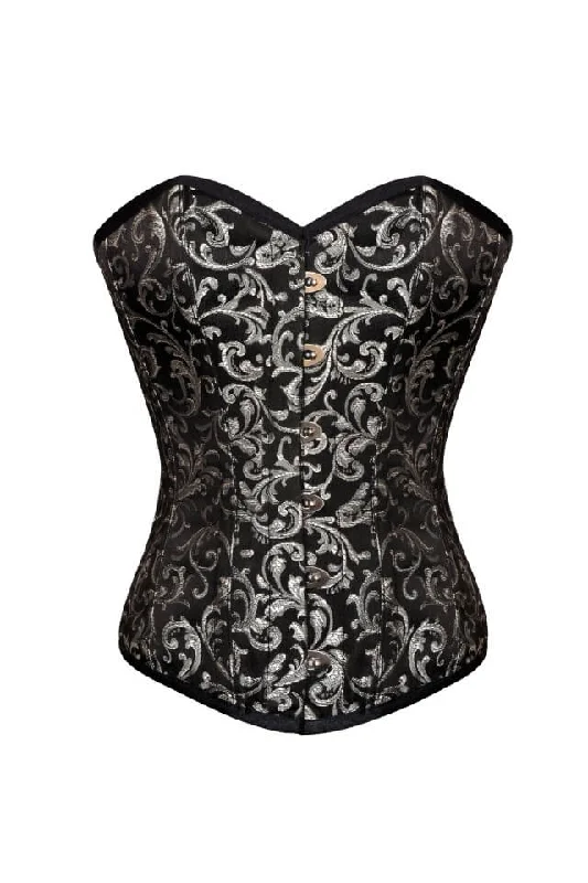 corset with layered cords-Plus Size Black Silver Brocade Gothic Burlesque Corset Waist Training Overbust