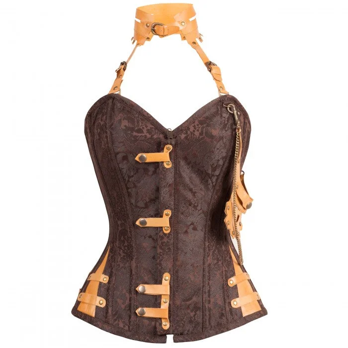 corset with sheer curls-Hall Brown Steampunk Corset With Attached Neck Gear