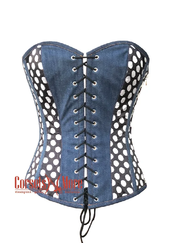 corset with velvet links-Blue Denim and Polka Dots Satin Gothic Retro Costume Waist Training Plus Size Overbust Bustier Top