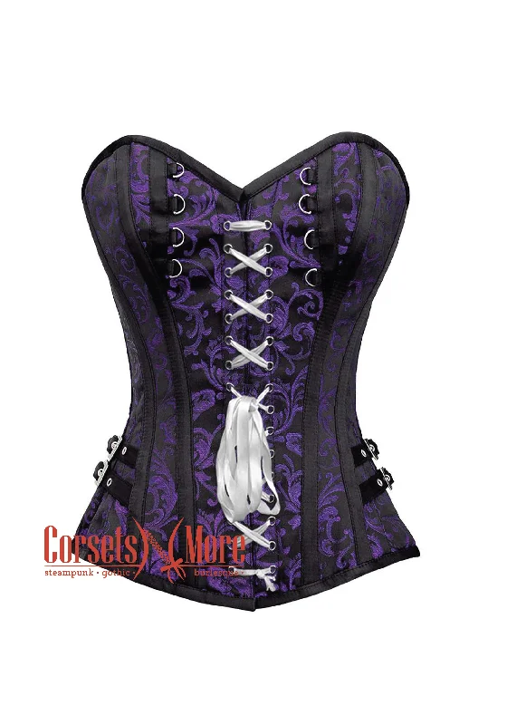 corset with flared weaves-Plus Size Purple and Black Brocade Overbust Corset Bustier Heart Top Costume