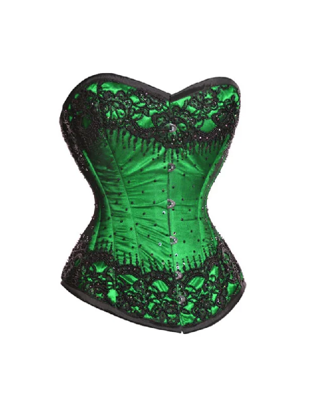 corset with bold links-Plus Size Green Satin Corset Black Sequins Gothic Burlesque Waist Training Overbust