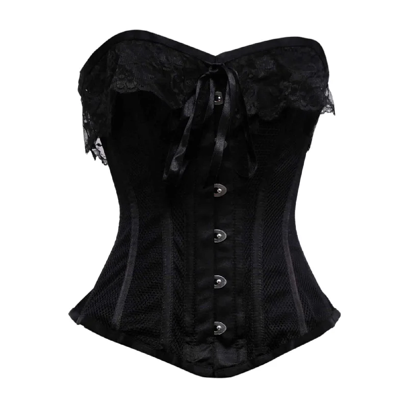 corset for runway ribbons-Thaith Black Mesh & Satin Lace Steel Boned Overbust Corset