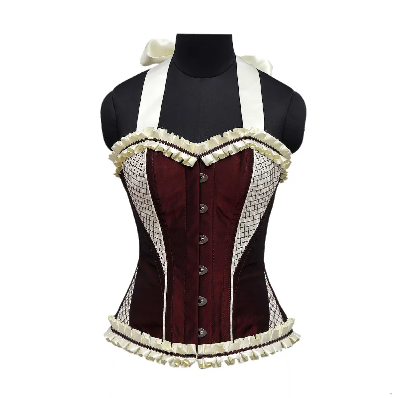 corset with pearl ribbons-Rodri Burgundy Maroon Cream Embroidery Taffeta Strap Overbust Corset