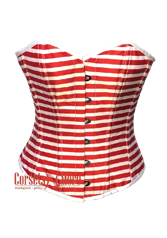 corset with sheer links-Plus Size Red and White Horizontal Striped Satin Gothic Costume Waist Training Overbust Bustier Top