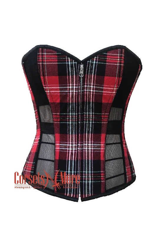 corset with ruffled weaves-Plus Size Red Flanel with Black mesh Front Zipper Plus Size Corset Costume Overbust Top