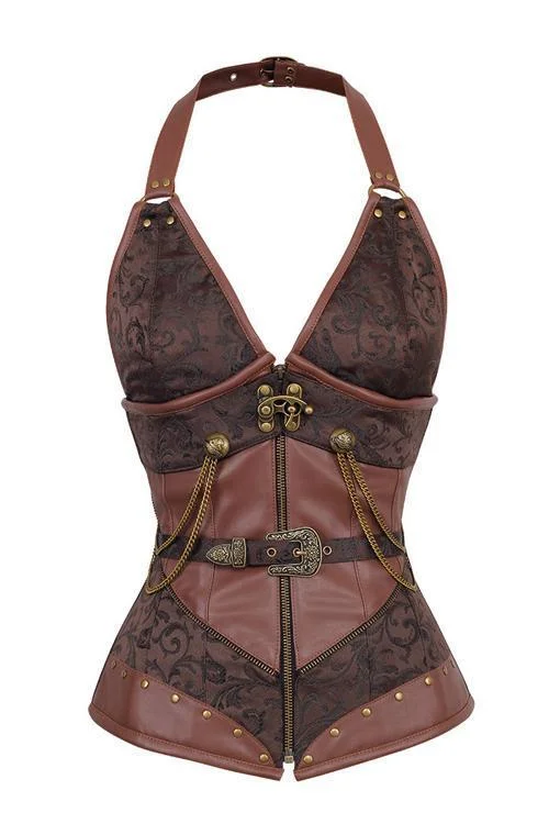 corset for evening curls-Clark Brown Halter Neck Steampunk Corset