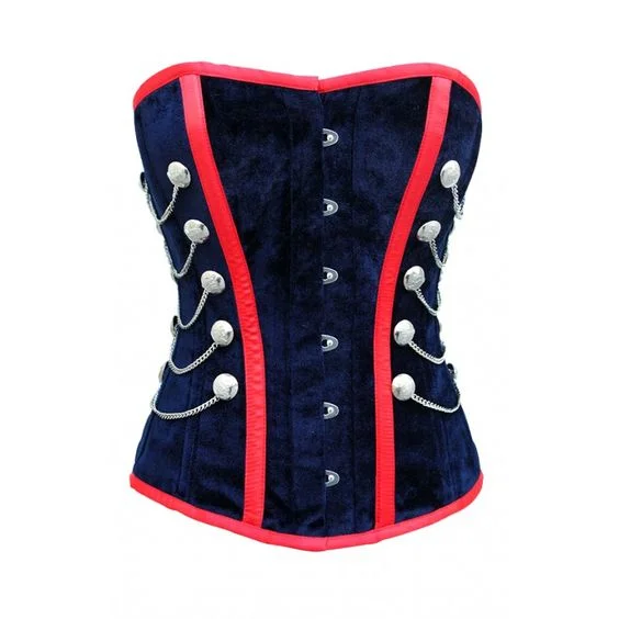 corset for costume ribbons-Fengs Blue Velvet Overbust Corset