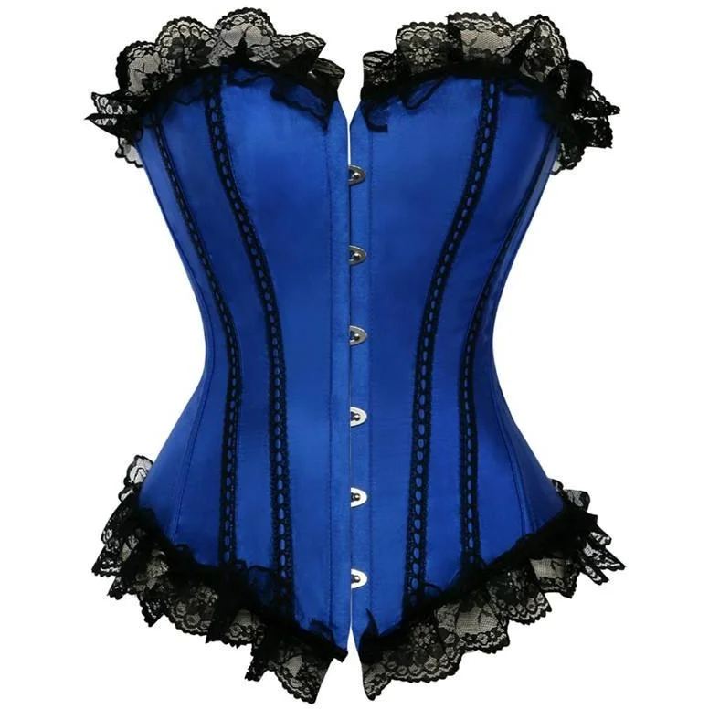 corset with floral loops-Irki Blue Satin Overbust Corset