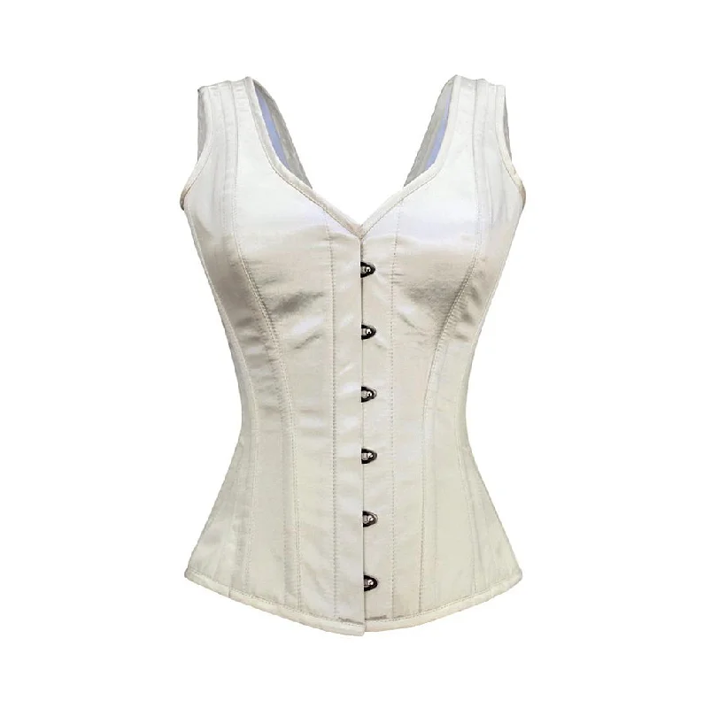 corset with sheer chains-Tamara Ivory Satin Shoulder Straps Overbust Corset