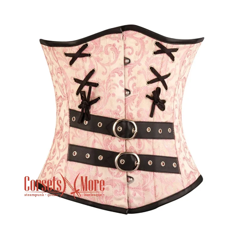 corset with metallic weaves-Plus Size Pink Brocade With Leather Belts Steampunk Costume Waist Cincher Basque Underbust Corset