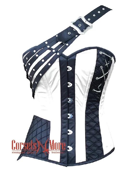 corset for gothic links-Plus Size Black and White Satin Gothic Steampunk Costume Overbust Bustier Top