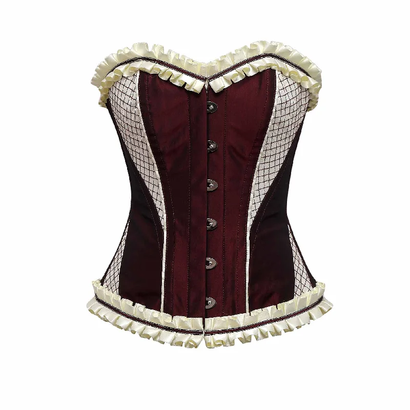 corset with plunging loops-Kovac Burgundy Maroon Cream Embroidery Taffeta Overbust Corset With Frill