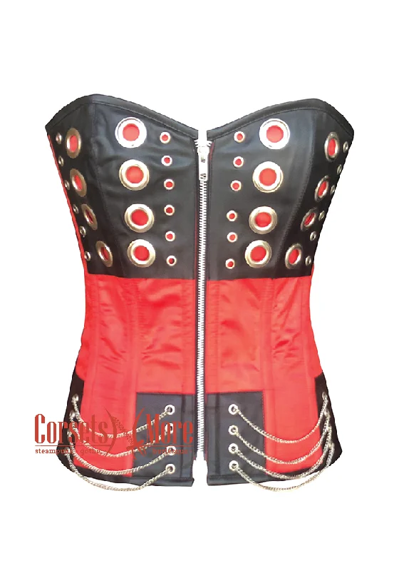 corset with satin links-Plus Size Red and Black Satin with O-Rings Steampunk Costume Overbust Corset Top