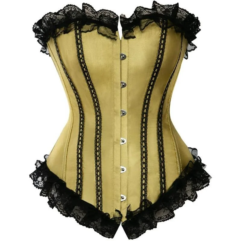 corset with pearl loops-Slvie Gold Satin Overbust Corset