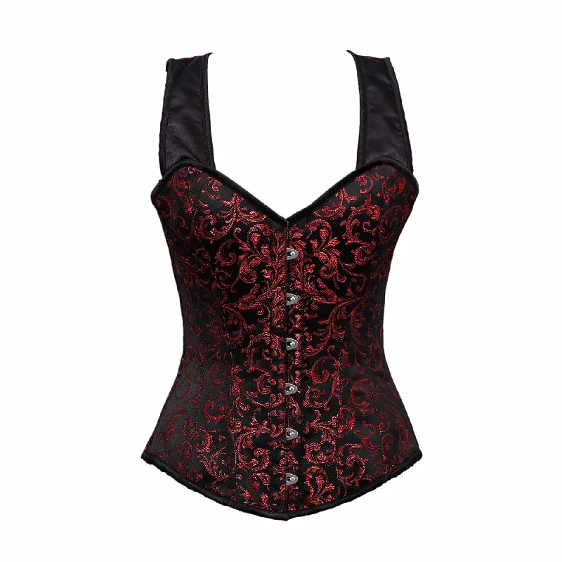 corset with leather ribbons-Karren Black & Red Brocade Steel Boned Overbust Corset