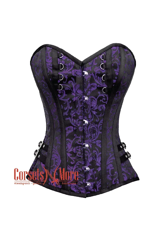 corset with scalloped weaves-Plus Size Purple and Black Brocade Overbust Corset Bustier Heart Top Costume