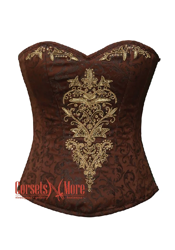 corset with embroidered links-Plus Size Brown Brocade Sequins Hand Work Burlesque Overbust Corset Top