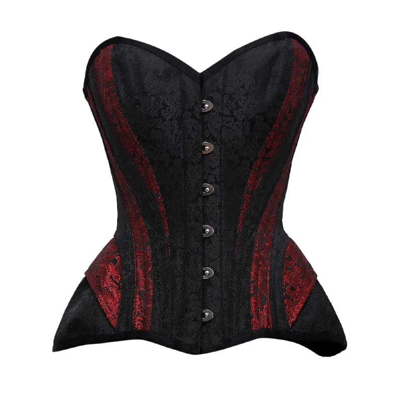 corset with floral ribbons-Robson Red & Black Brocade Steel Boned Overbust Corset