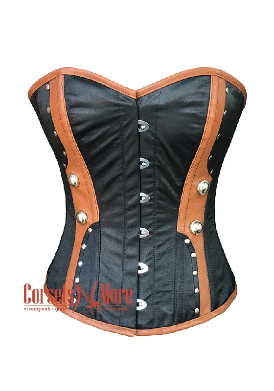 corset for historical weaves-Plus Size Black Satin Brown Leather Steampunk Costume Overbust Corset Top