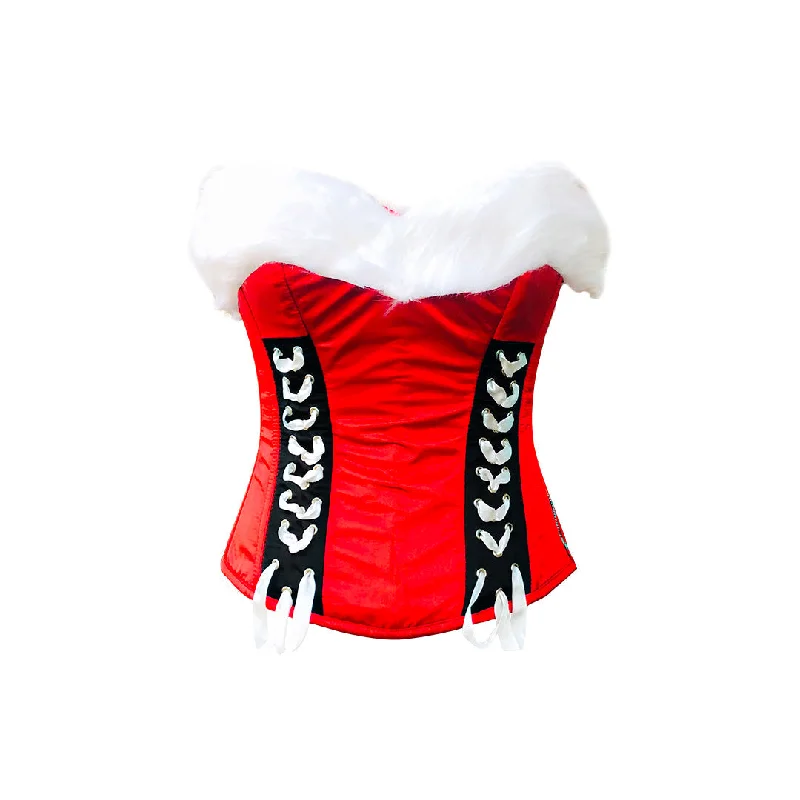 corset with side links-Plus Size Red Satin White Fur Valentine Costume Overbust Bustier Halloween Corset Top