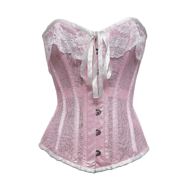 corset with ruffled ribbons-Waynamba Baby Pink Mesh & White Satin Lace Steel Boned Overbust Corset