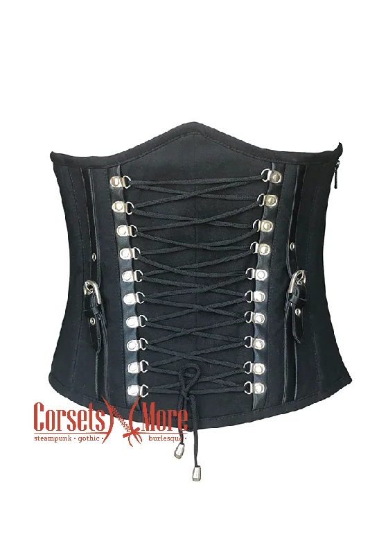 corset for evening links-Plus Size Black Cotton Twill with Leather Belts Design and Side Zipper Underbust Corset Top