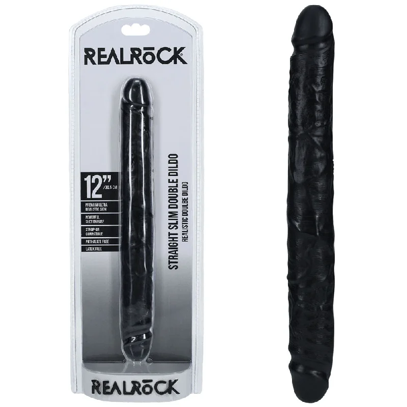 Durable Single-Use Masturbator-REALROCK 30cm Slim Double Dildo - Black