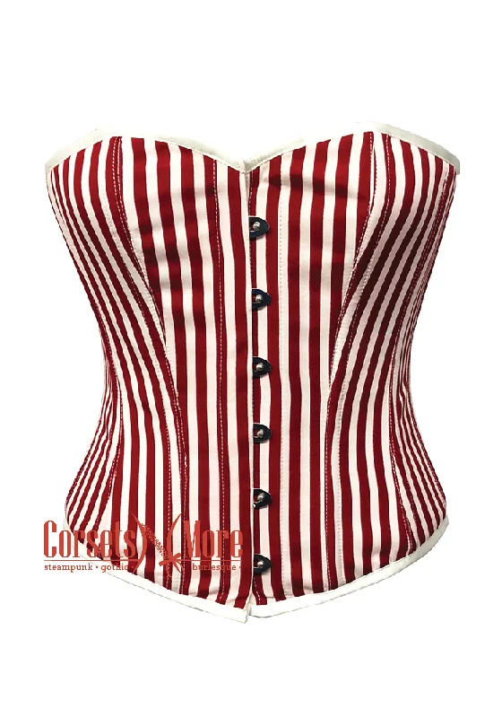 corset with floral links-Plus Size Red and White Vertical Striped Satin Gothic Costume Waist Training Overbust Bustier Top