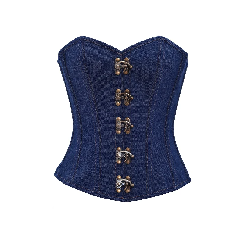 corset with floral cords-Plus Size Blue Denim Antique Seal Lock Gothic Steampunk Costume Waist Training Overbust Bustier Top