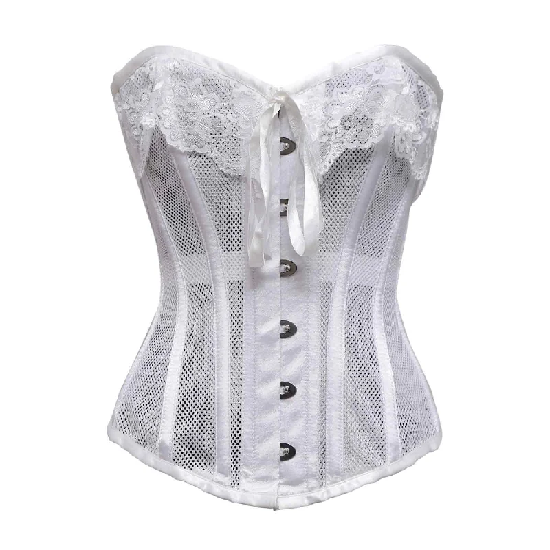 corset with layered ties-Nevis White Mesh & White Satin Lace Overbust Corset