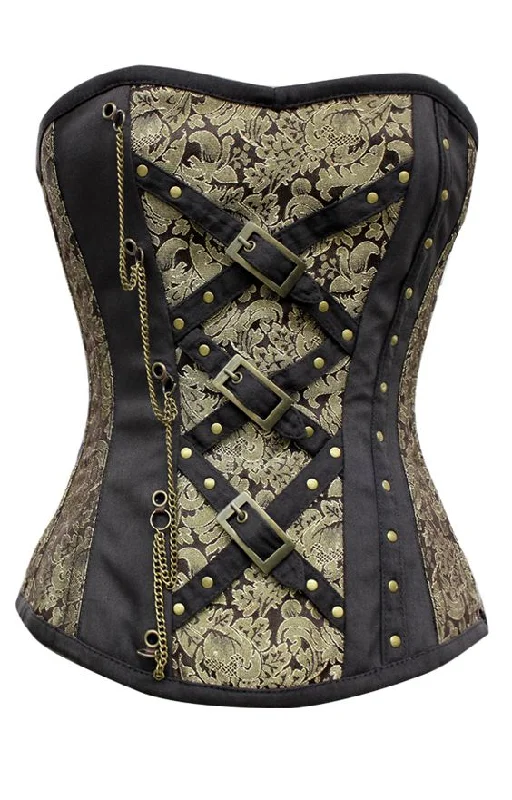 corset with ruffled loops-Elctra Gold Coffee Brocade Corset With Chain