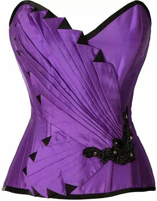 corset for alternative curls-Courtnay Purple Satin Embroidered Overbust Corset