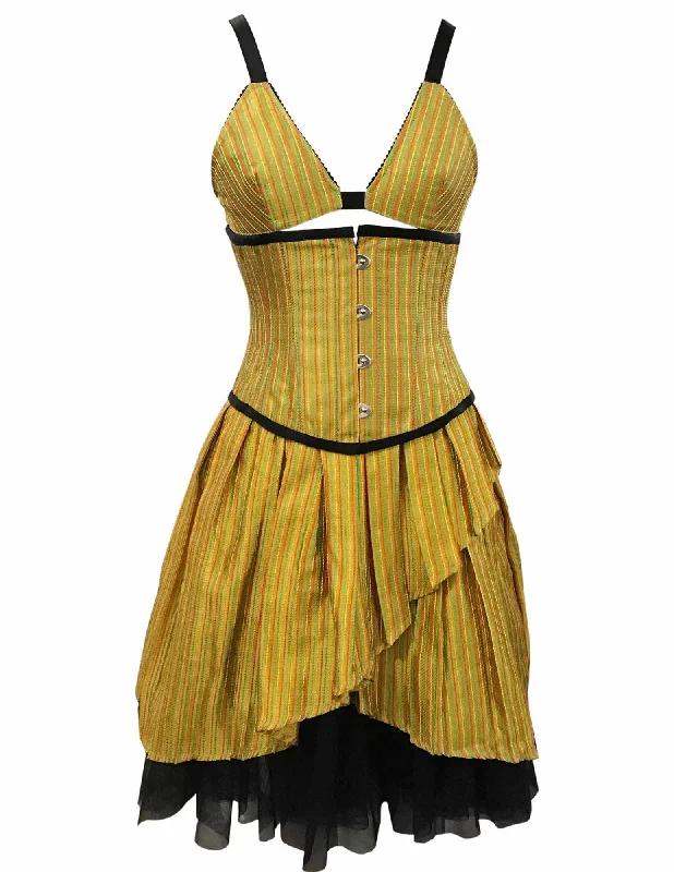 corset with asymmetrical ribbons-Plunket Mustard Red Green Stripe Taffeta Underbust Corset