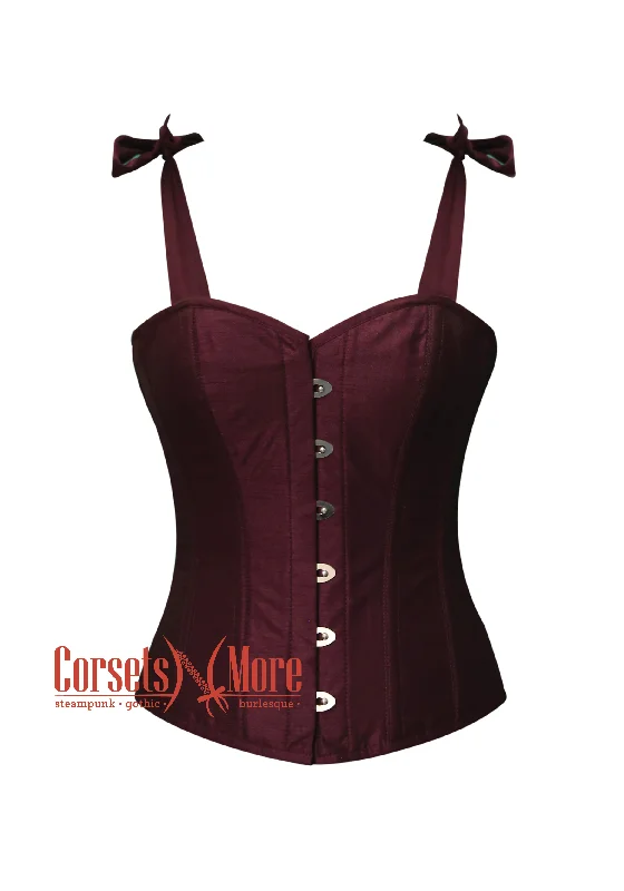 corset for fashion weaves-Plus Size Wine Color Silk Corset Waist Training Tie Strap Overbust Vintage Top