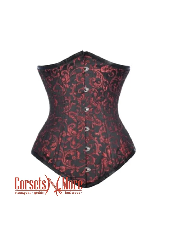 corset with sheer braids-Plus Size Red and Black Brocade Spiral Steel Boned Corset Waist Training Bustier LONG Underbust Corset Top