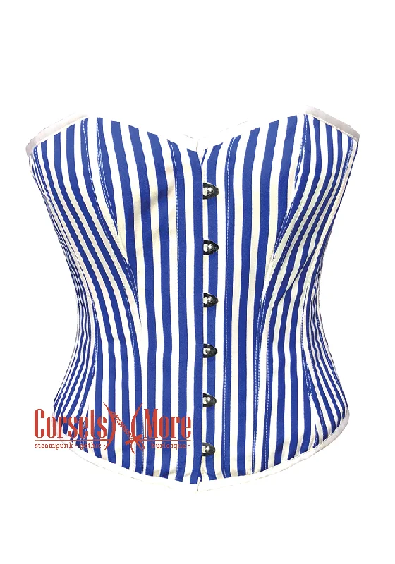 corset for dance weaves-Plus Size Blue and White Vertical Striped Satin Gothic Costume Waist Training Overbust Bustier Top