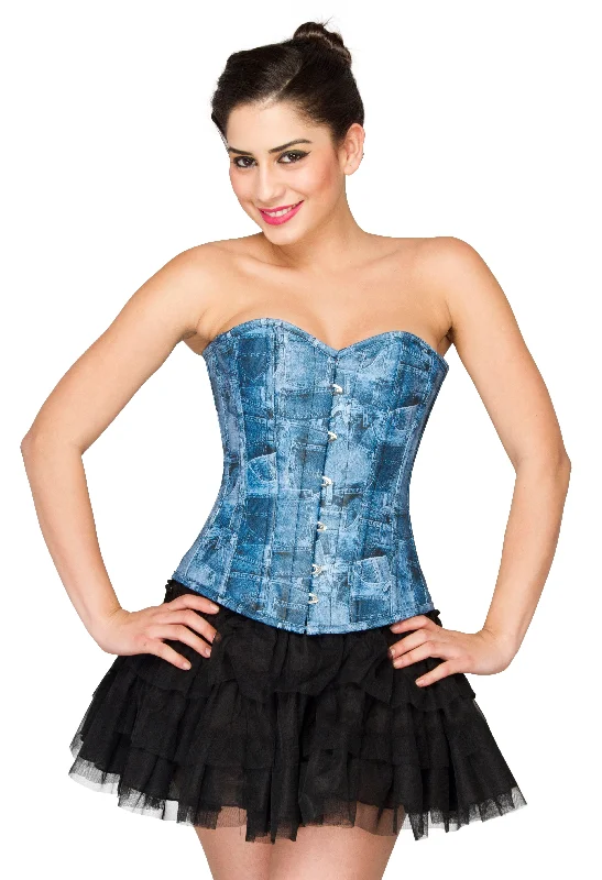 corset with studded cords-Plus Size Blue Denim Print Faux Leather Overbust Corset Top