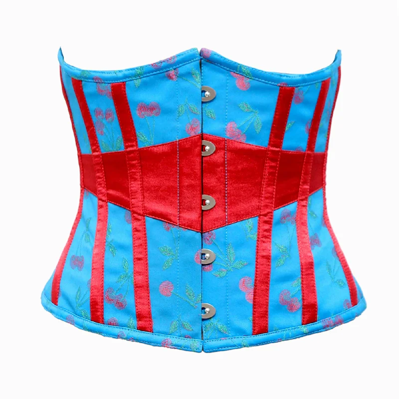 corset with sheer bows-Djkovic Turquoise Brocade Cherry Weaving Underbust Corset