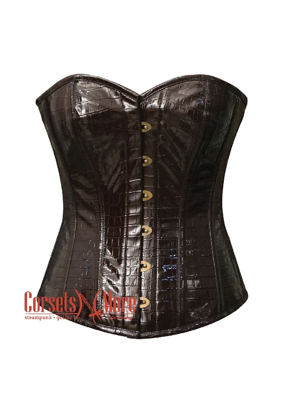 corset for steampunk chains-Plus Size Brown Leather Crocodile Print Steampunk Waist Trainer Overbust Corset