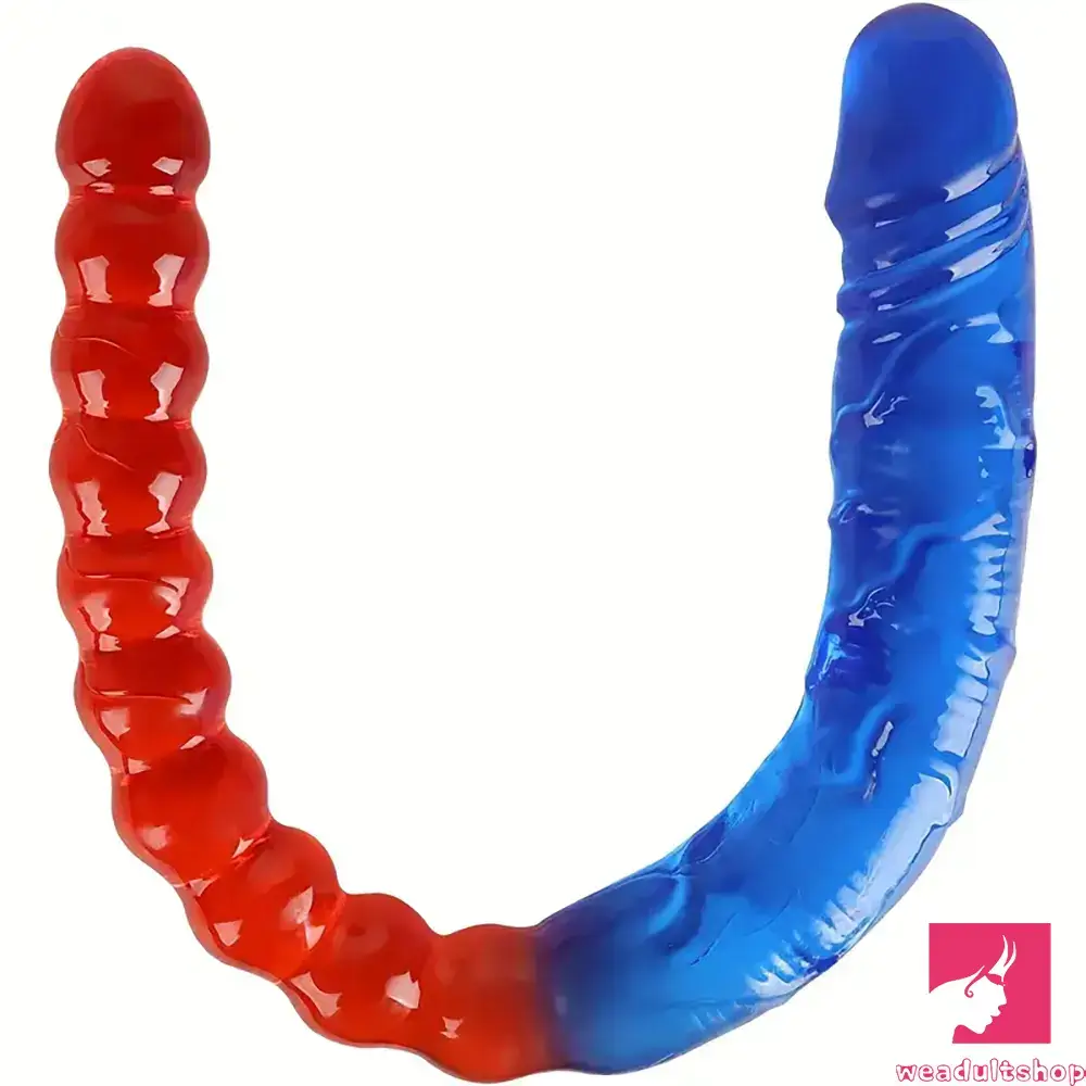 Crest-engraved dildo-17.72in Real Double-headed Long Dildo Female Masturbator With Beads