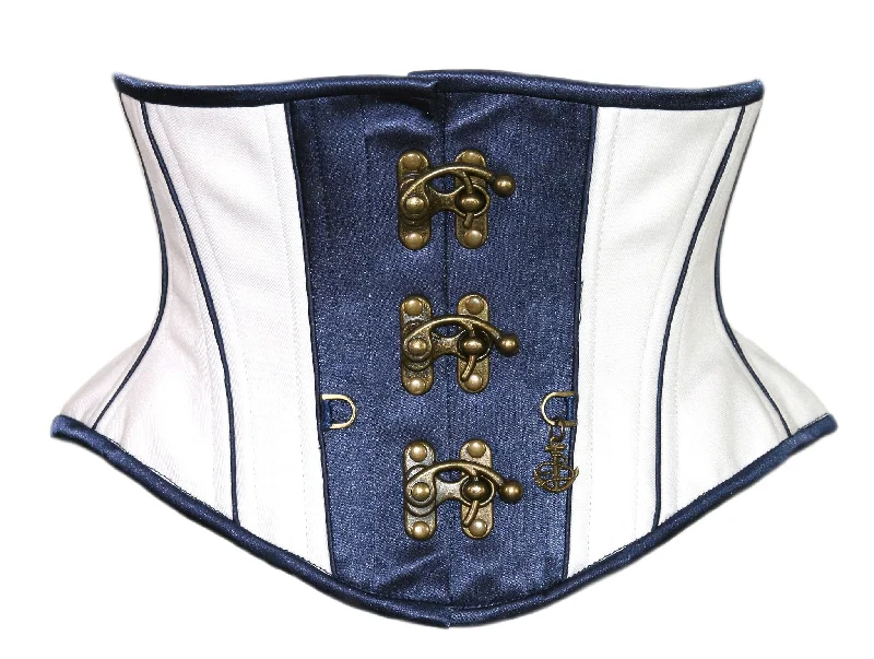 corset with asymmetrical loops-Rosel White & Blue Satin Sexy Underbust Corset