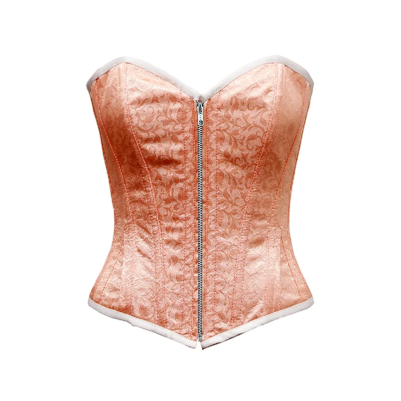 corset for evening chains-Upmecano Light Baby Pink Satin Brocade Overbust Corset