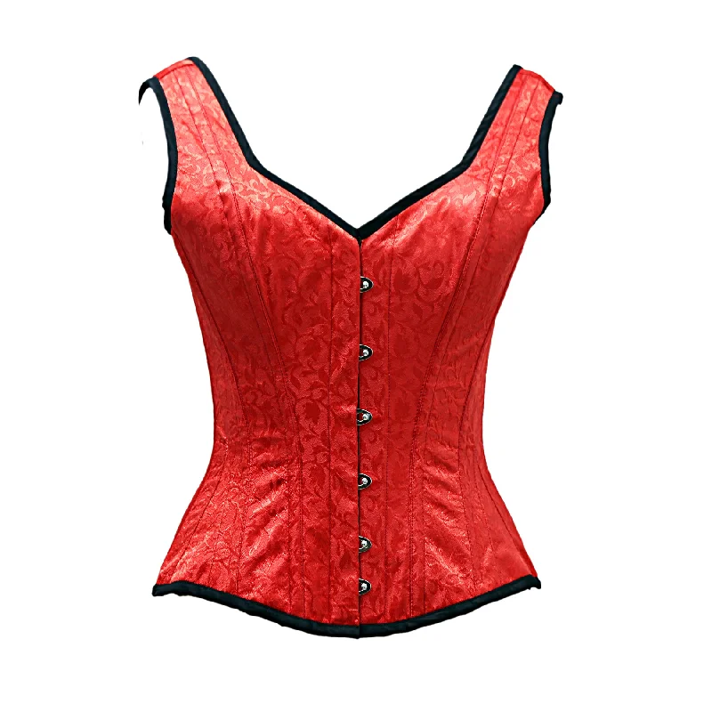 corset with glitter curls-Slade Red Satin Brocade Overbust Corset With Shoulder Strap