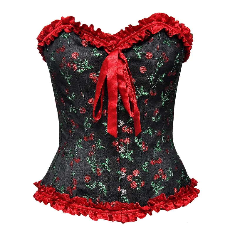 corset for evening bows-Paym Cherry Brocade Overbust Corset With Bow