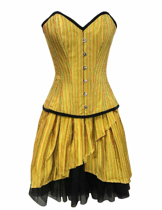 corset for body loops-Patrey Mustard Red Green Stripe Taffeta Overbust Corset