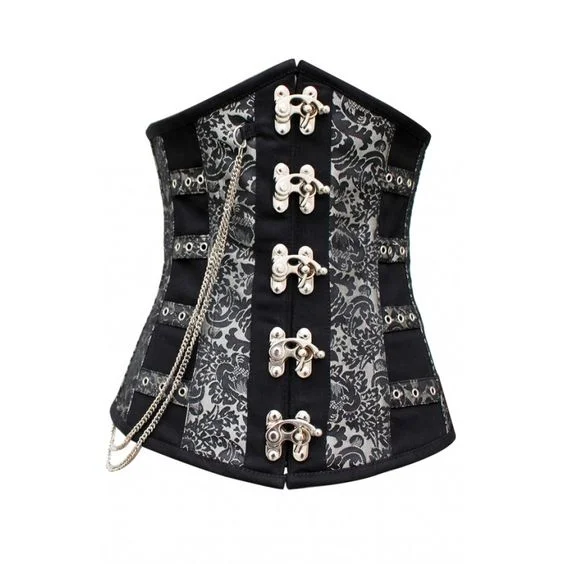 corset for retro bows-Tiblis Silver Black Brocade Steel Boned Underbust Corset