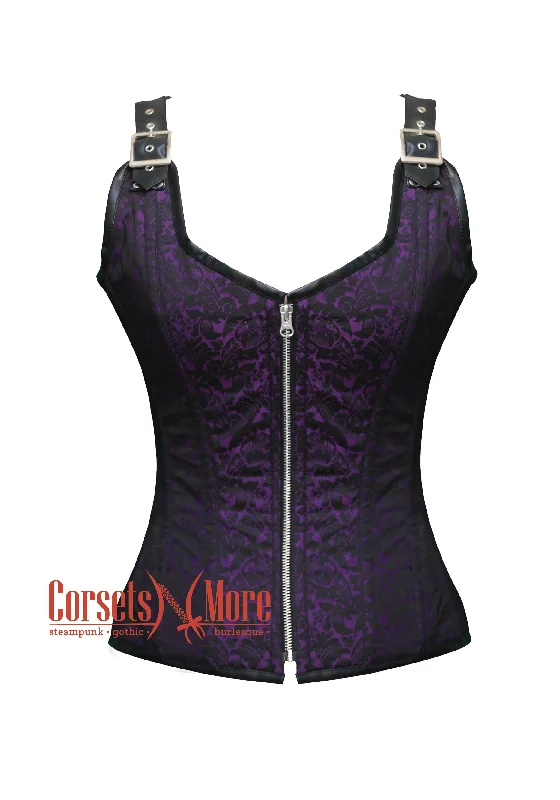 corset for burlesque weaves-Plus Size Purple and Black Brocade Overbust Corset With Straps Outerwear Costume