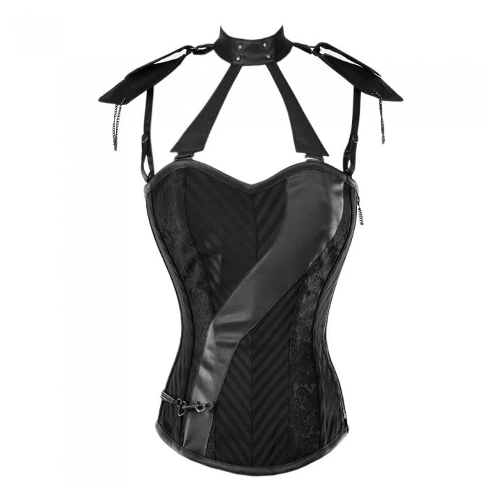 corset with plunging links-Coleen Gothic Corset With Faux Leather Cage Straps